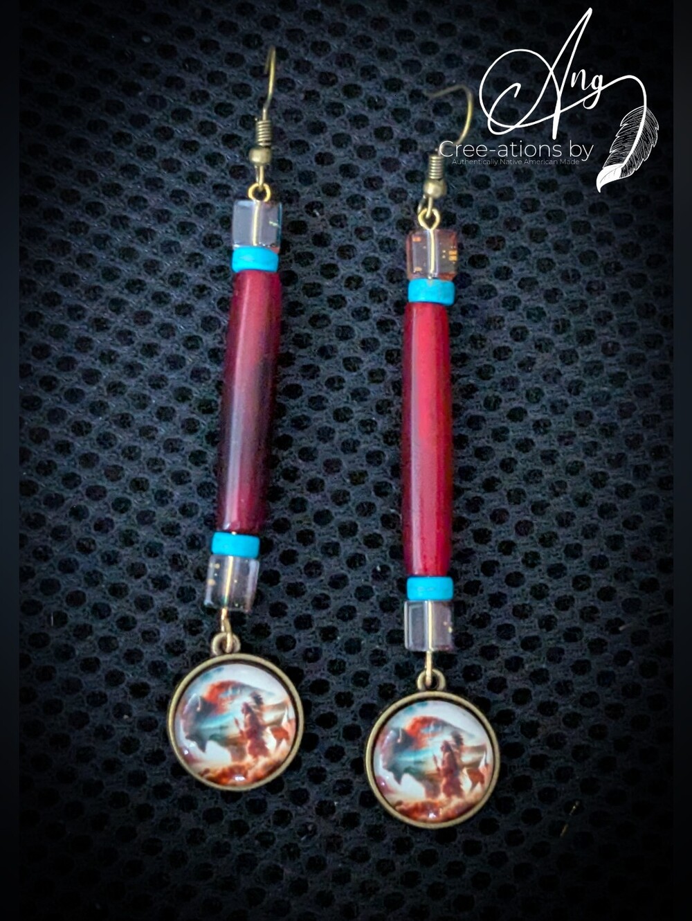 Indigenous Red Buffalo Bone Hairpipe Turquoise Drop Earrings Bison Chief Pendant - Picture 1 of 9
